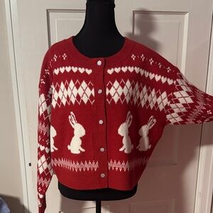Wild Fable NWT Red/White Button Up Bunny Argyle Crop Sweater Easter Size XXL